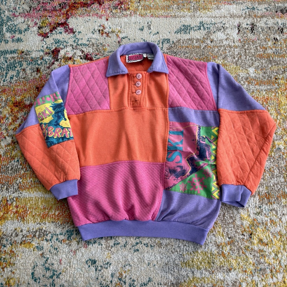 Vintage 80s 90s Gitano Ski Colorblock Quilted Sweatshirt Pullover Womens Small